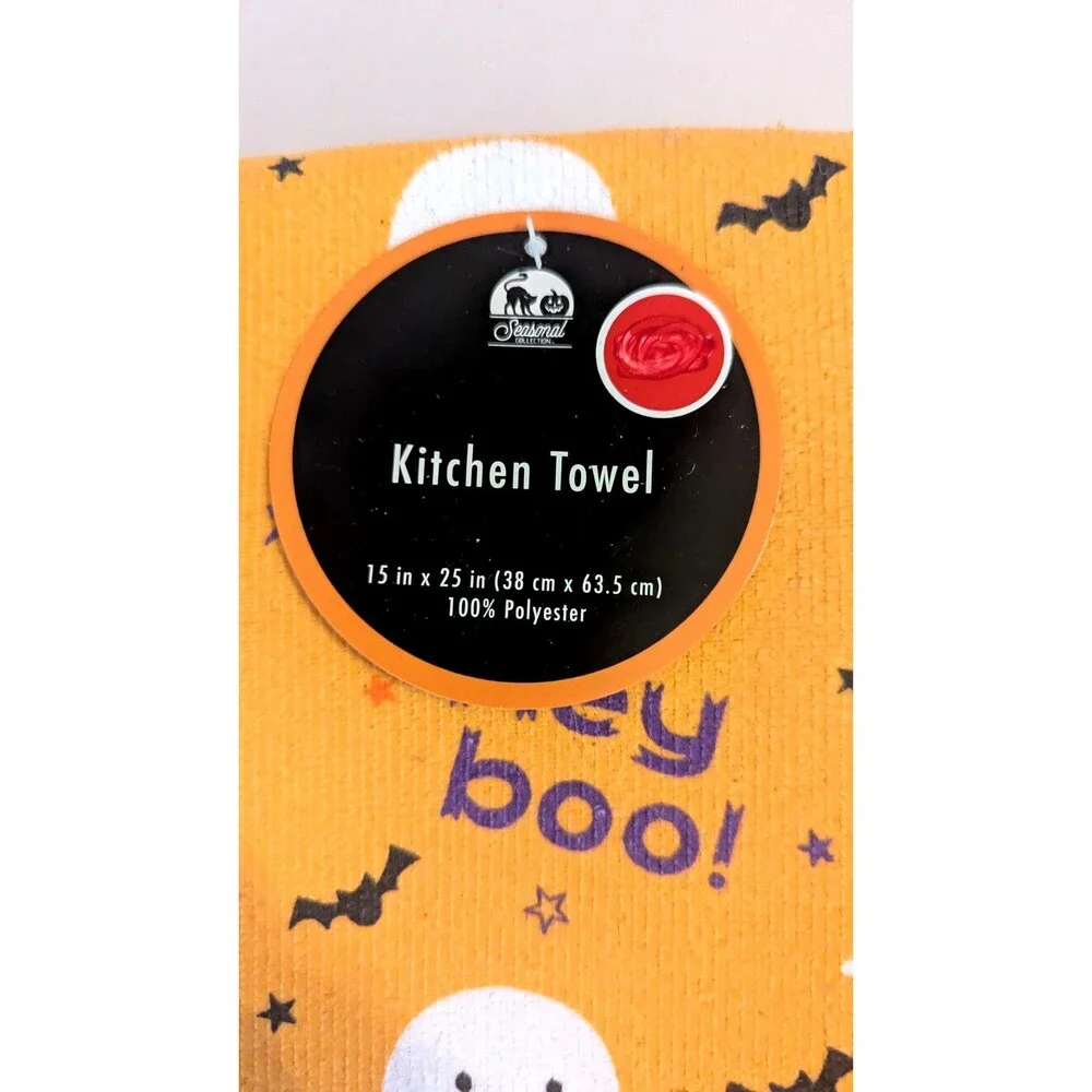 Hey Boo Kitchen Towels Oven Mitt Ghosts Bats Orange White Black 3-pc Polyester